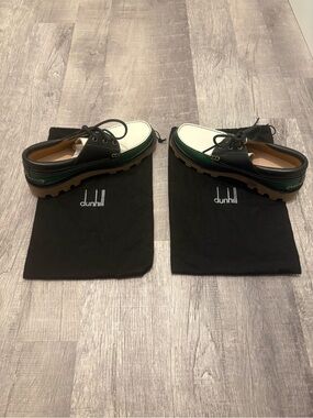 Dunhill Italian Leather Boat Shoes Black White Green Size 10 (EU 43) Dust Bag
